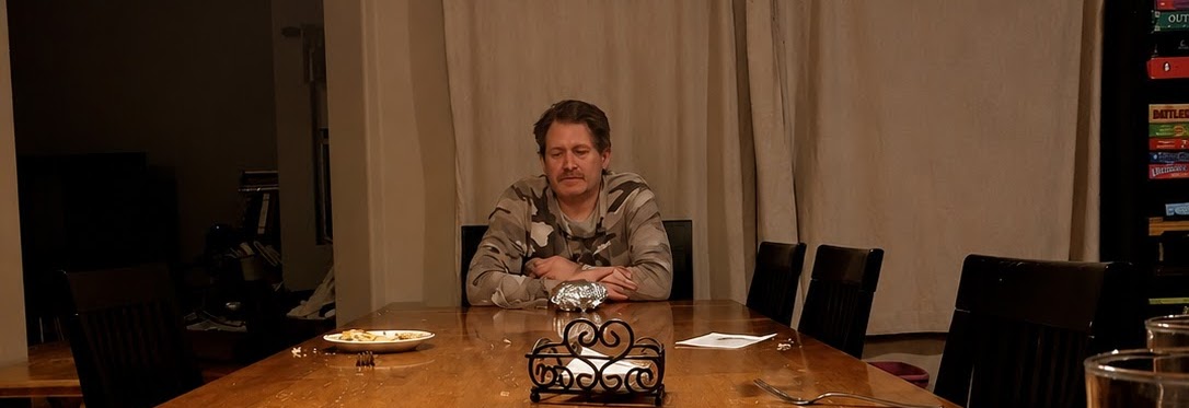 A man sits quietly at the far end of a long family dining table after a meal, surrounded by empty chairs, and everyday signs of a busy home.